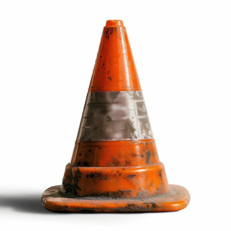 A weathered orange traffic cone featuring a reflective stripe, ideal for illustrating road safety, construction zones, or urban infrastructure challenges.の素材