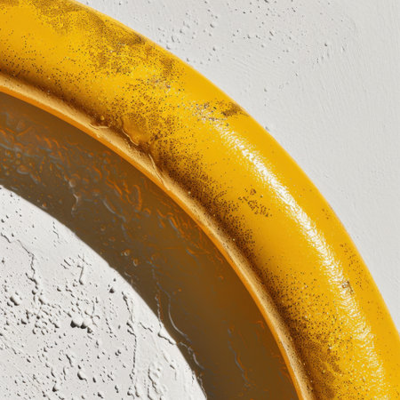 This striking image features a bright yellow circular object set against a textured white background, emphasizing shadows and highlights that create visual depth and interest.の素材