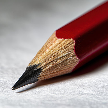 A detailed macro photograph of a red pencil tip showcasing the intricate textures of wood and graphite, perfect for themes of art, education, and creativity.の素材