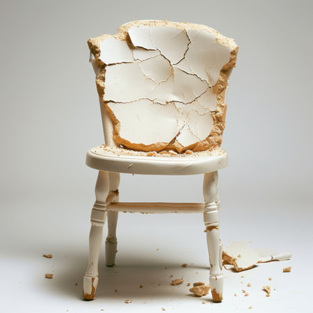 A broken white chair reveals intricate cracks and peeling paint, illustrating the passage of time and the beauty of wear in modern interior design and artistry.の素材
