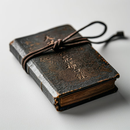 A beautifully crafted vintage leather-bound book featuring a decorative cover and a cord tie, perfect for various artistic or literary uses and themes.の素材