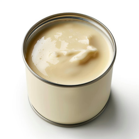 A pristine metal can reveals a creamy white substance, displaying a smooth texture indicative of freshness, ideal for various culinary applications and food photography.の素材