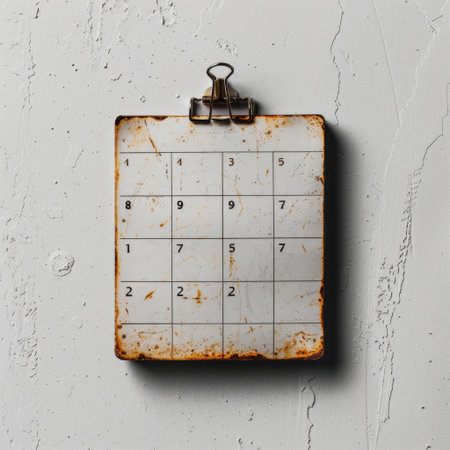 A rustic calendar clipboard with a weathered finish, showcasing a clean white background. This image emphasizes organization and time management themes in a unique way.の素材