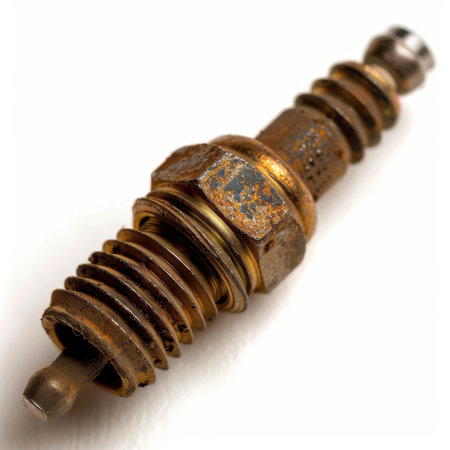A close-up perspective of a rusty spark plug against a clean white background, highlighting intricate details and textures ideal for automotive and mechanic projects.の素材