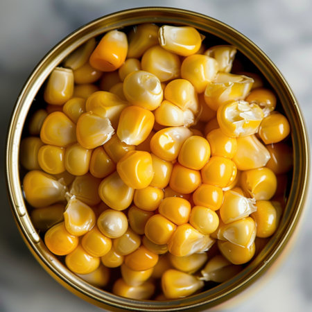 A close-up view of vibrant yellow sweet corn kernels in a metal can, perfect for adding flavor to various dishes and showcasing the beauty of fresh ingredients.の素材