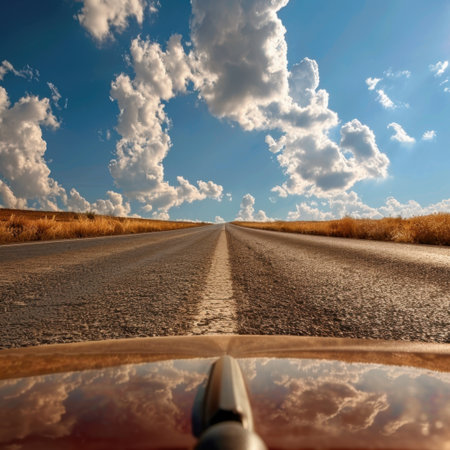 An expansive open road stretches into the horizon under a sky filled with fluffy clouds. This scenic view captures a sense of freedom and adventure, perfect for travel themes.の素材