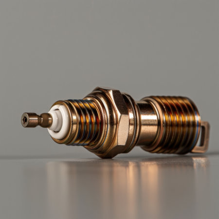A close-up photograph showcasing a metal spark plug with a colorful coating on a reflective surface, ideal for automotive and mechanic themes in diverse projects.の素材