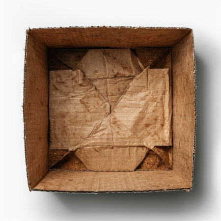 An empty cardboard box featuring crumpled brown paper at the bottom, perfect for packaging, storage, and DIY creative projects, against a clean white backdrop.の素材