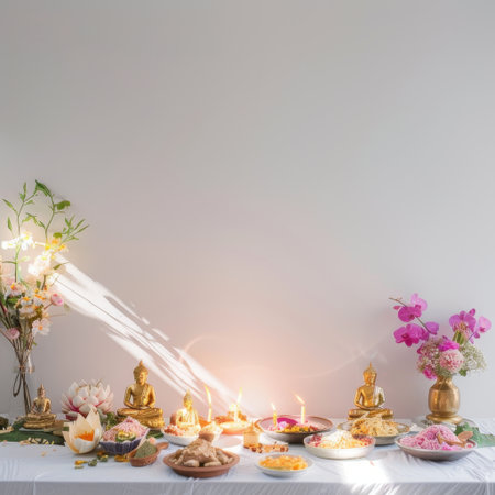 A peaceful indoor altar adorned with Buddha statues, vibrant flowers, and flickering candles, creating a serene atmosphere for meditation and spiritual reflection.の素材