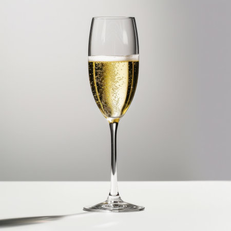 A single champagne glass filled with sparkling liquid stands elegantly on a white surface, capturing a minimalist design that reflects sophistication and celebration.の素材