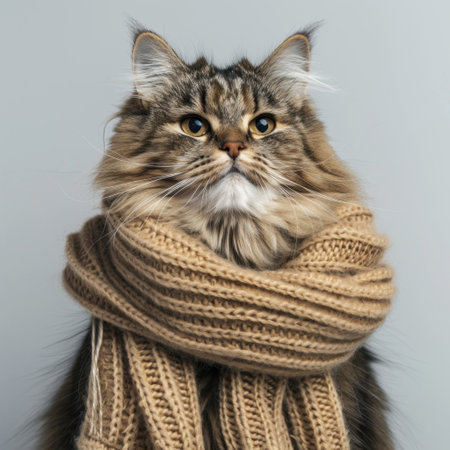 A stunning close-up portrait of a fluffy cat wrapped in a cozy knitted scarf, exuding charm and warmth, ideal for winter themes and animal affection.の素材