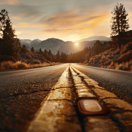 A tranquil scene capturing a winding road framed by majestic mountains at sunset, showcasing vibrant colors in the sky and surrounding nature's beauty.の素材