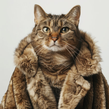 A stunning portrait of a tabby cat adorned in soft faux fur, highlighting its beautiful green eyes and gentle expression, perfect for animal lovers and decor.の素材