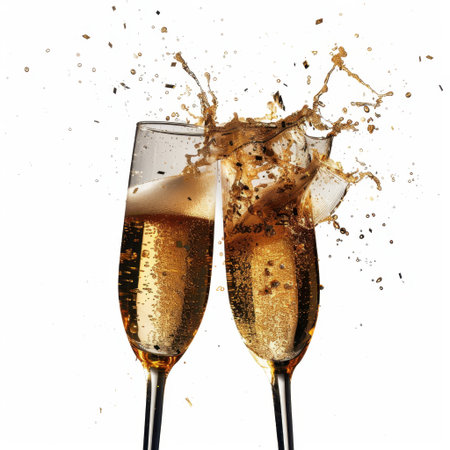 Two elegant champagne glasses clink together, creating a vibrant splash of sparkling bubbles, perfect for celebrations and joyful moments in parties and gatherings.の素材