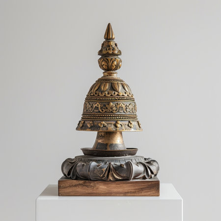 This stunning decorative sculpture features intricate carvings and a unique design, showcasing the beauty of craftsmanship and cultural artistry in a neutral setting.の素材