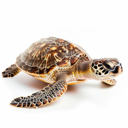 This stunning image captures the intricate details and vibrant colors of a sea turtle, highlighting its unique shell patterns while resting gracefully on a clean surface.の素材