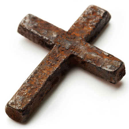 A close-up view of a rusty iron cross, showcasing its textured surface and historical significance. Ideal for themes of faith, spirituality, or antique exploration.の素材