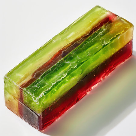 This vibrant layered gelatin dessert features stunning green, yellow, and red colors, perfect for summer parties, celebrations, or as a creative treat.の素材