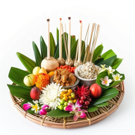 A stunning array of colorful fruits, aromatic herbs, and candles arranged on a natural bamboo platter, symbolizing celebration and cultural traditions in Southeast Asia.の素材