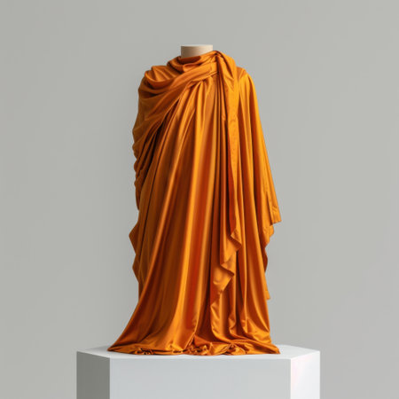 A striking piece of warm orange fabric gracefully draped over a pedestal, highlighting its elegance and texture in a modern and minimalist artistic presentation.の素材