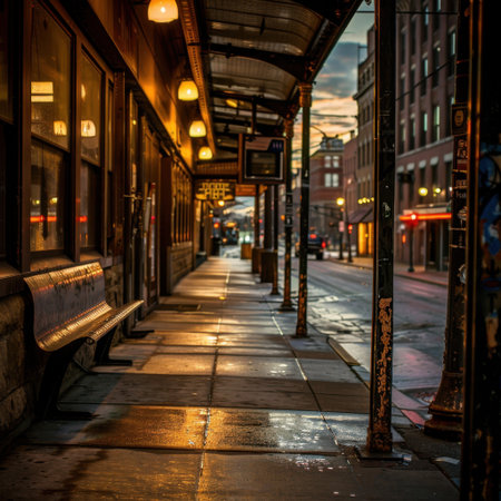 A tranquil urban street scene at dusk featuring soft lighting, wet pavement, and charming architectural elements that captures the essence of city life.の素材
