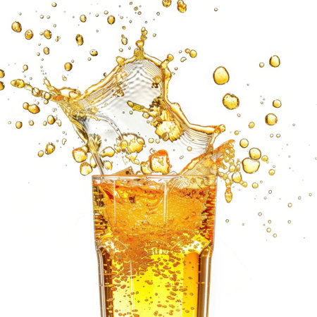 Captivating image of a clear glass filled with golden liquid splashing with bubbles and ice, perfect for summer festivities, parties, and refreshing moments.の素材