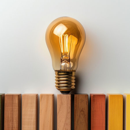 A stunning vintage light bulb emits a warm glow, positioned above an array of colorful wooden planks, perfect for enhancing interior decor and design projects.の素材