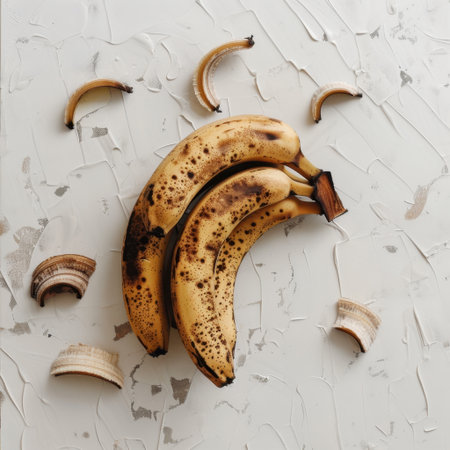 A close-up photo of freshly ripe bananas exhibiting brown spots on a textured white surface, accompanied by scattered peels, perfect for healthy food inspiration.の素材