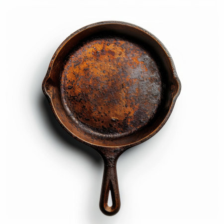 This vintage cast iron skillet features a rustic finish, emphasizing its unique texture and charm. Ideal for cooking enthusiasts and photographers alike.の素材