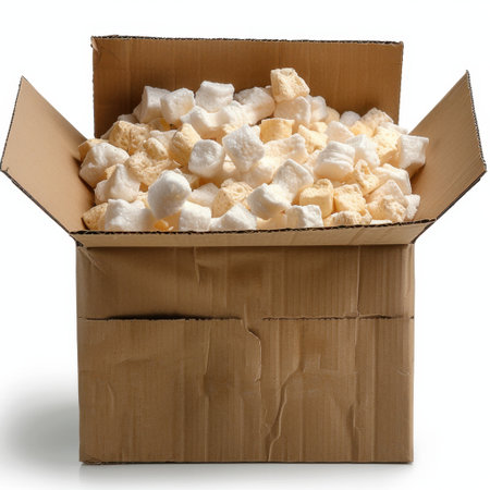 A cardboard box overflowing with packing peanuts provides essential cushioning and support for fragile items during transportation and storage. Ideal for businesses.の素材