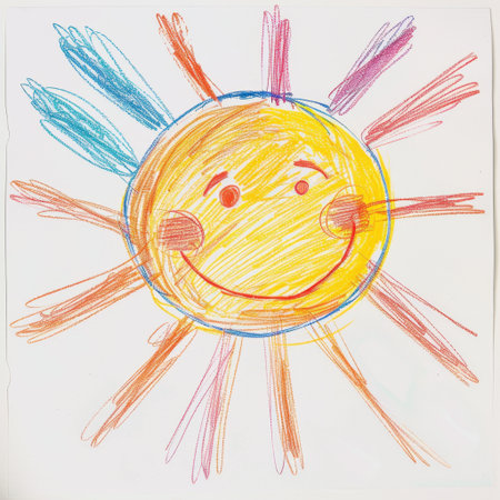 A delightful children's drawing featuring a smiling sun with colorful rays and playful facial expressions, perfect for illustrating joy and creativity.の素材