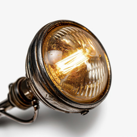 This image features a vintage metal spotlight emitting a warm yellow glow. The aged texture and intricate details add character, making it perfect for creative projects.の素材