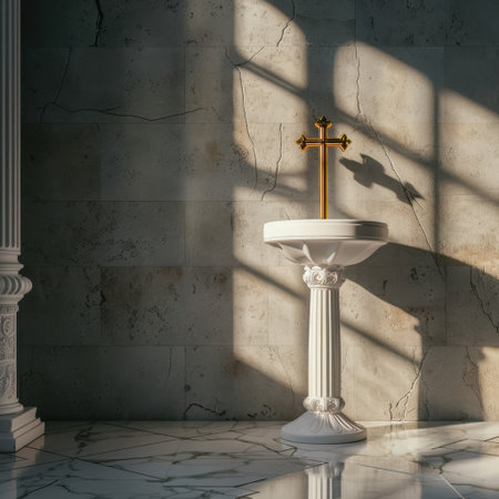 A striking cross set on a white pedestal illuminates a church interior, casting long shadows on the marble flooring, creating a serene spiritual atmosphere.の素材