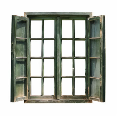 This vintage wooden window features open shutters and a beautiful rustic design. The weathered green paint adds charm and character to any decor. Perfect for creative projects.の素材