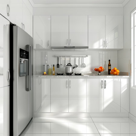 A modern, bright kitchen featuring sleek white cabinets and stainless steel appliances. The countertop is adorned with fresh fruits, creating a welcoming atmosphere.の素材