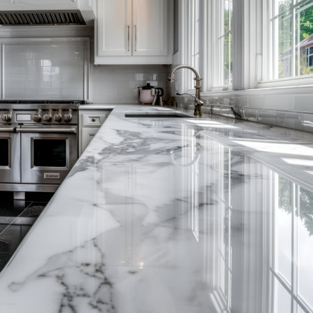 A beautifully designed kitchen featuring a luxurious marble countertop and modern stainless steel appliances, bathed in natural light from large windows.の素材