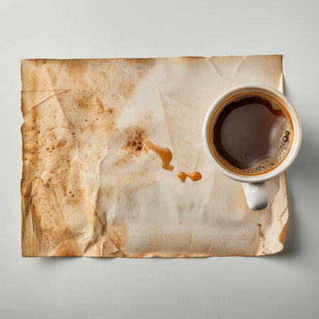 A crumpled piece of paper with coffee stains offers a unique visual, accompanied by a stark white coffee mug, evoking warmth and creativity in a simple setting.の素材