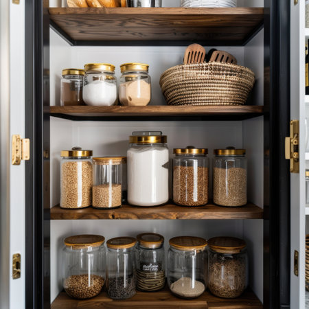 A well-organized pantry featuring glass storage jars with wooden lids, bowls, and labeled ingredients. This image captures the essence of functional and stylish kitchen storage.の素材
