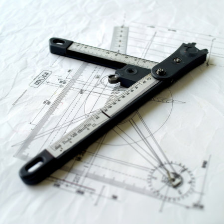 This image features a precision measuring tool placed on a technical drawing, showcasing intricate designs and a clear scale for use in engineering and architecture projects.の素材
