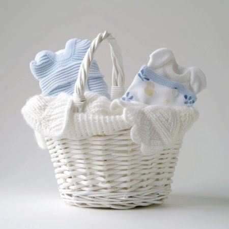 A charming wicker basket filled with soft baby clothes and accessories, perfect for newborn photography, gifts, or celebration of new life.の素材