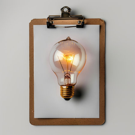 Captivating image featuring a vintage light bulb on a clipboard, radiating a warm glow. Ideal for inspiring creativity and generating innovative ideas in various creative projects.の素材