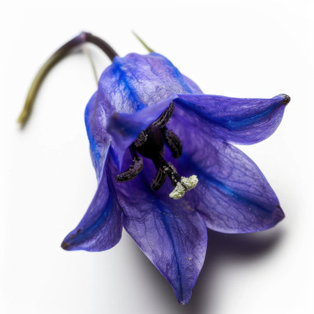 Stunning close-up image of a purple bell flower showcasing delicate petals and intricate details against a clean white background, perfect for nature themes.の素材