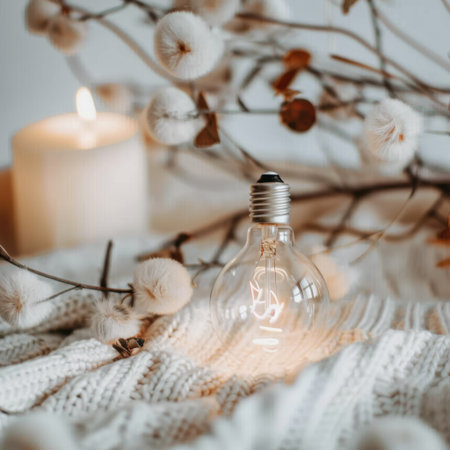 This tranquil scene features a warm light bulb surrounded by natural decor, including a candle and soft flora, creating a cozy atmosphere for relaxation and inspiration.の素材