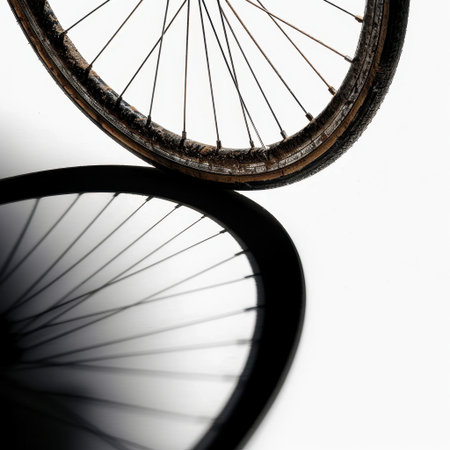 This artistic representation of a bicycle wheel and its shadow captures the essence of motion and adventure, ideal for various creative and marketing projects.の素材