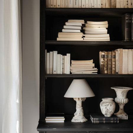 This image showcases a cozy home library with elegant bookshelves filled with white books and a charming lamp, creating a warm and inviting reading atmosphere.の素材