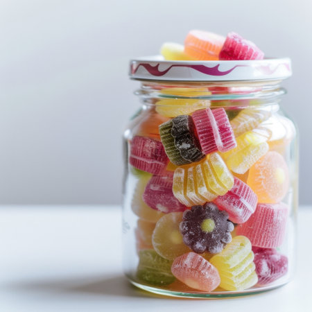 A charming glass jar filled with an assortment of colorful jelly candies, perfect for any occasion, evoking nostalgia and adding a sweet touch to your moments.の素材