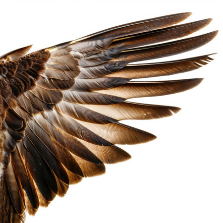 This stunning close-up photo captures a bird in flight, revealing the intricate details of its feathers and the elegance of its wingspan against a bright backdrop.の素材