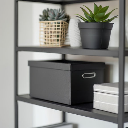 Discover a modern minimalist shelf featuring green plants, decorative boxes, and stylish storage solutions, perfect for enhancing contemporary home interiors and organization.の素材