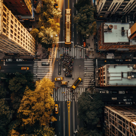 A captivating aerial view captures a bustling city intersection filled with yellow taxis and pedestrians, framed by towering buildings under a warm sunset glow.の素材