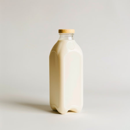 A glass bottle filled with fresh milk features a natural wooden cap, creating a clean and minimalistic look perfect for healthy lifestyle and dairy themes.の素材